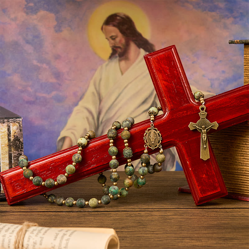 Christiandiscipleshop Retro Style Miraculous Medal & Crucifix of 8mm Matte African Turquoise Handmade Rosary