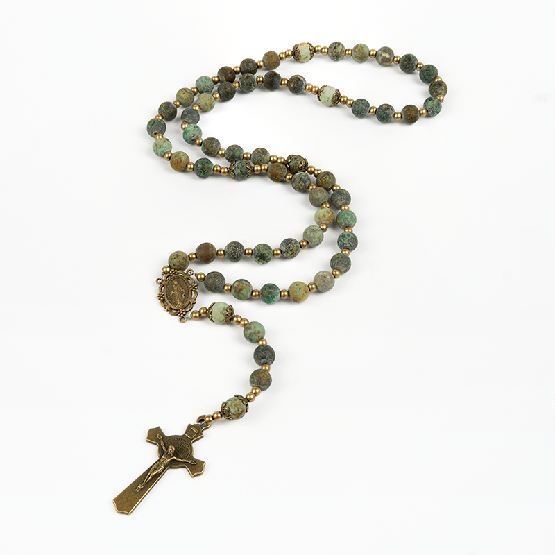 Christiandiscipleshop Retro Style Miraculous Medal & Crucifix of 8mm Matte African Turquoise Handmade Rosary
