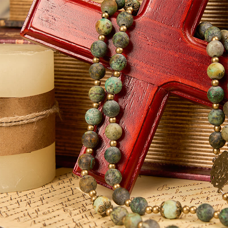 Christiandiscipleshop Retro Style Miraculous Medal & Crucifix of 8mm Matte African Turquoise Handmade Rosary