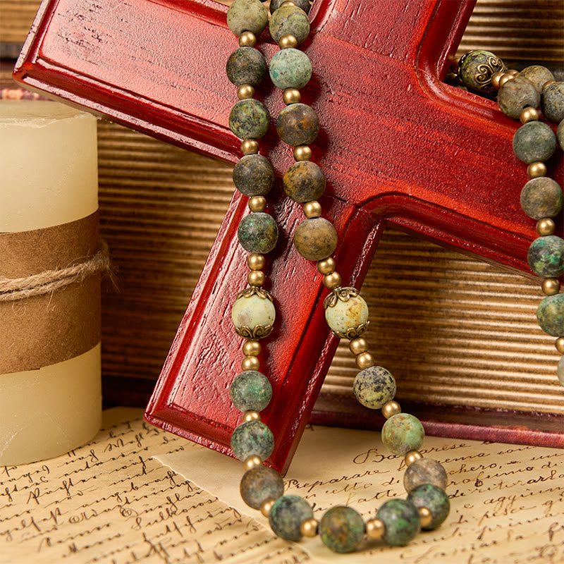 Christiandiscipleshop Retro Style Miraculous Medal & Crucifix of 8mm Matte African Turquoise Handmade Rosary