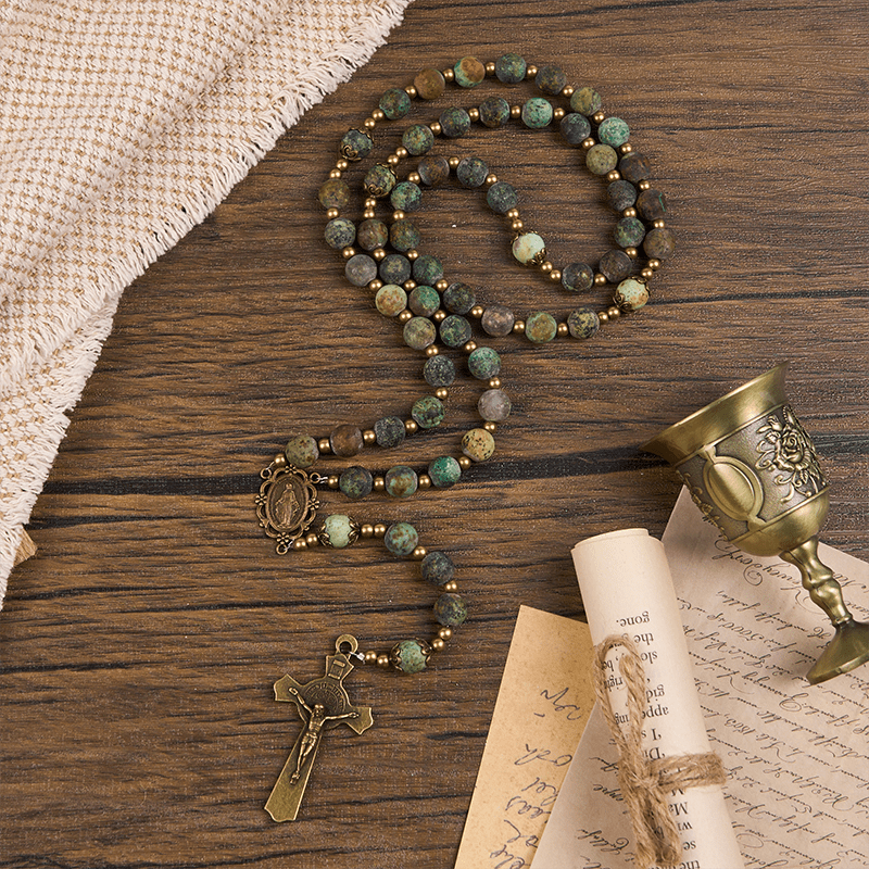 Christiandiscipleshop Retro Style Miraculous Medal & Crucifix of 8mm Matte African Turquoise Handmade Rosary