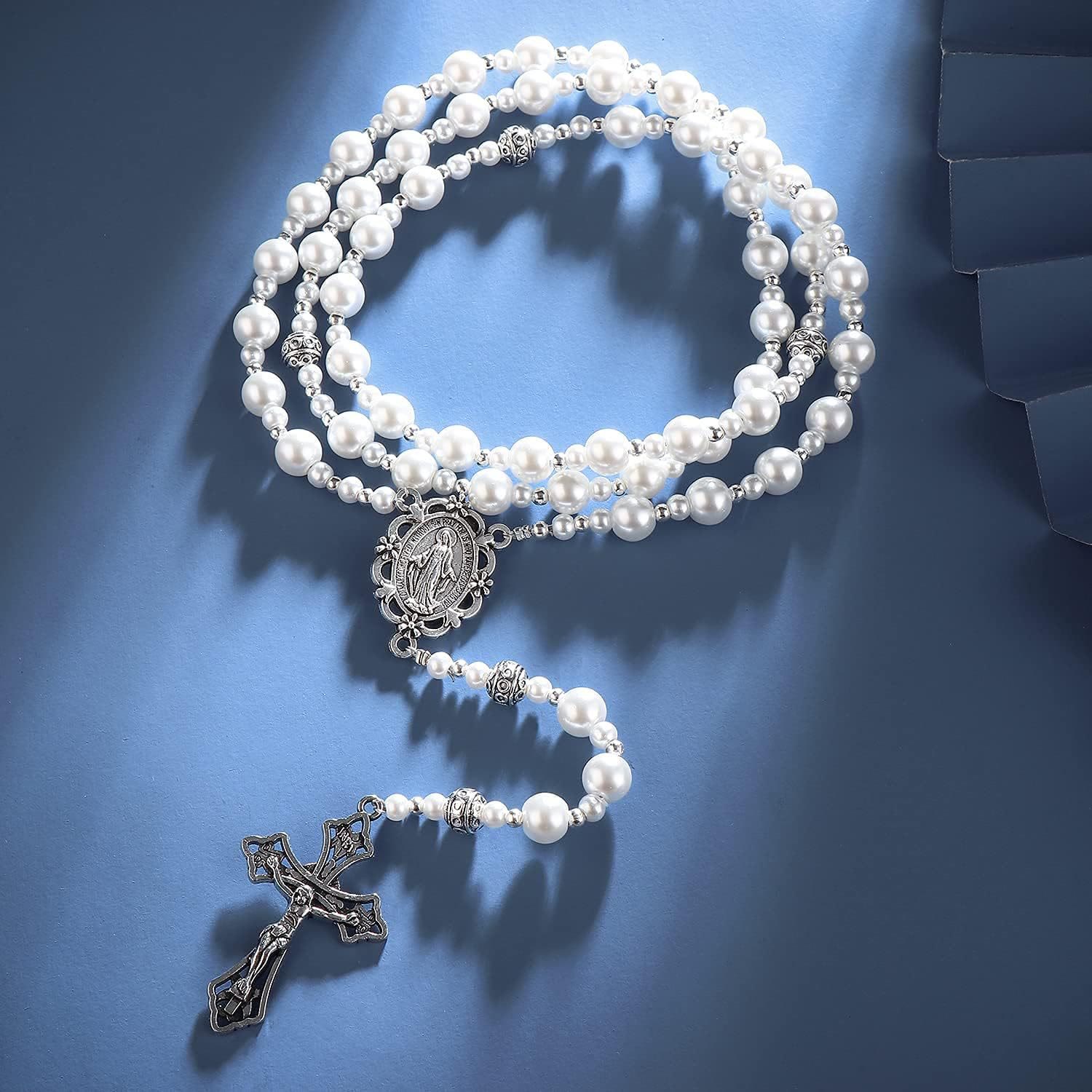 christiandiscipleshop Miraculous Medal & Crucifix of 8mm White Pearl Ball Prayer Beads Rosary