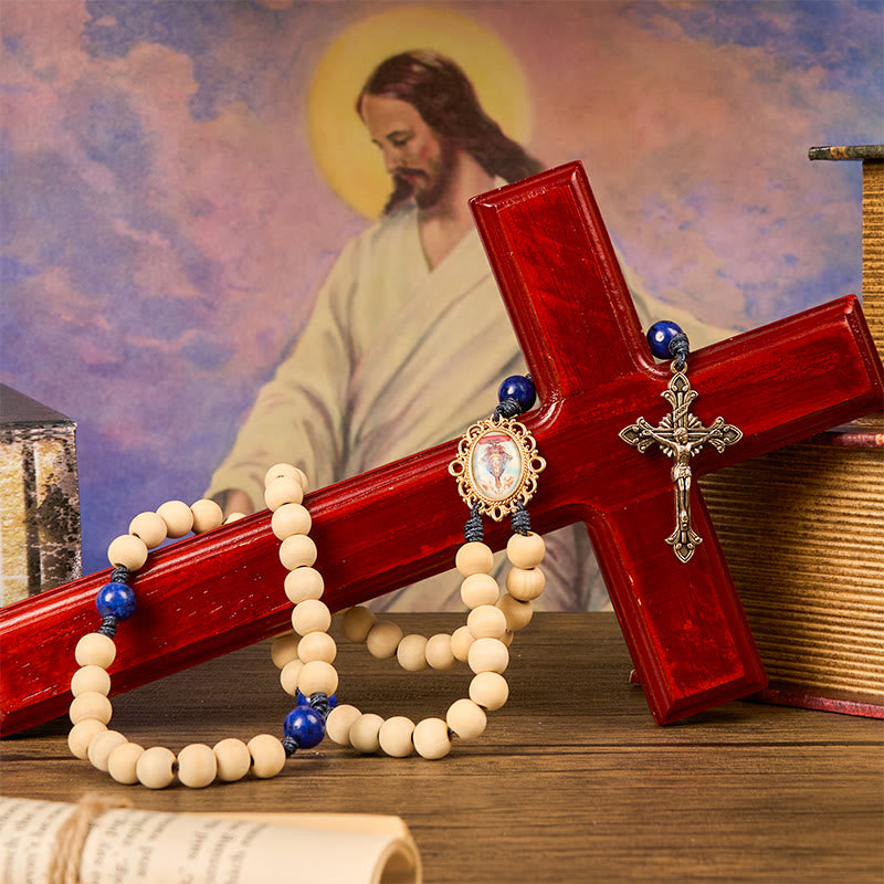 Christiandiscipleshop Our Lady & Crucifix of 10mm Handmade Wooden Beads Lapis Lazuli Our Father Beads Rosary