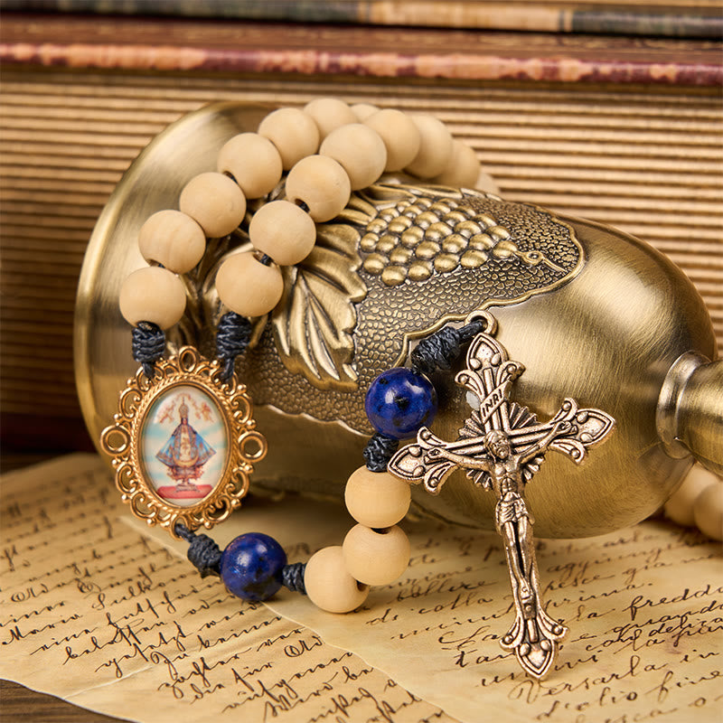 Christiandiscipleshop Our Lady & Crucifix of 10mm Handmade Wooden Beads Lapis Lazuli Our Father Beads Rosary