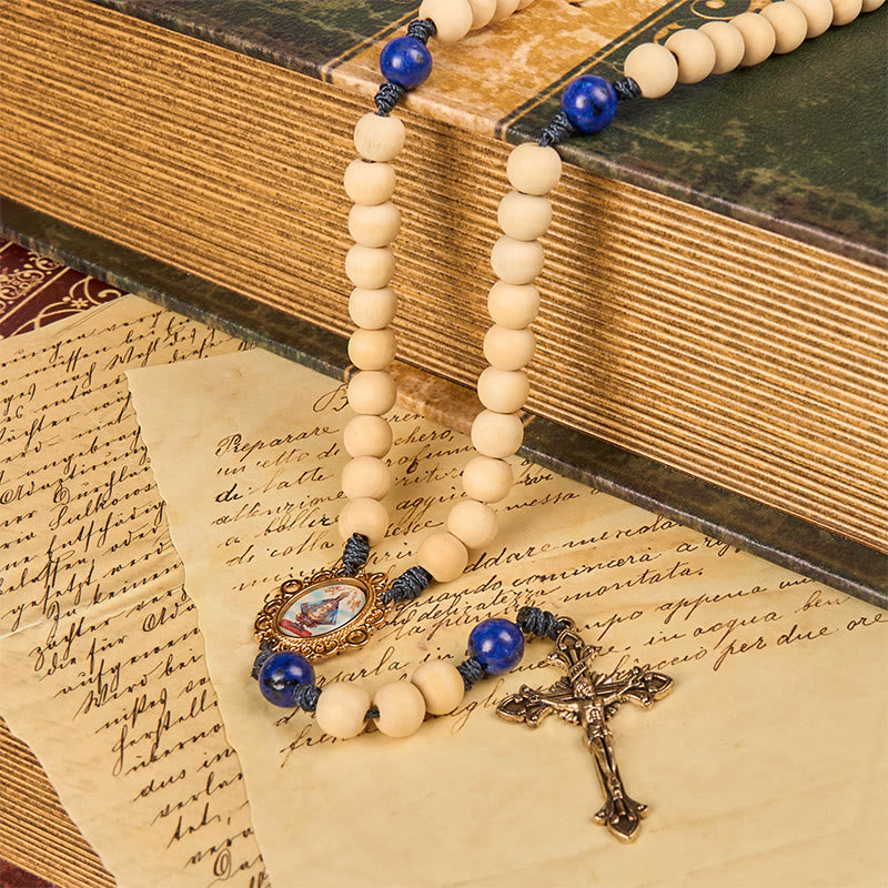 Christiandiscipleshop Our Lady & Crucifix of 10mm Handmade Wooden Beads Lapis Lazuli Our Father Beads Rosary