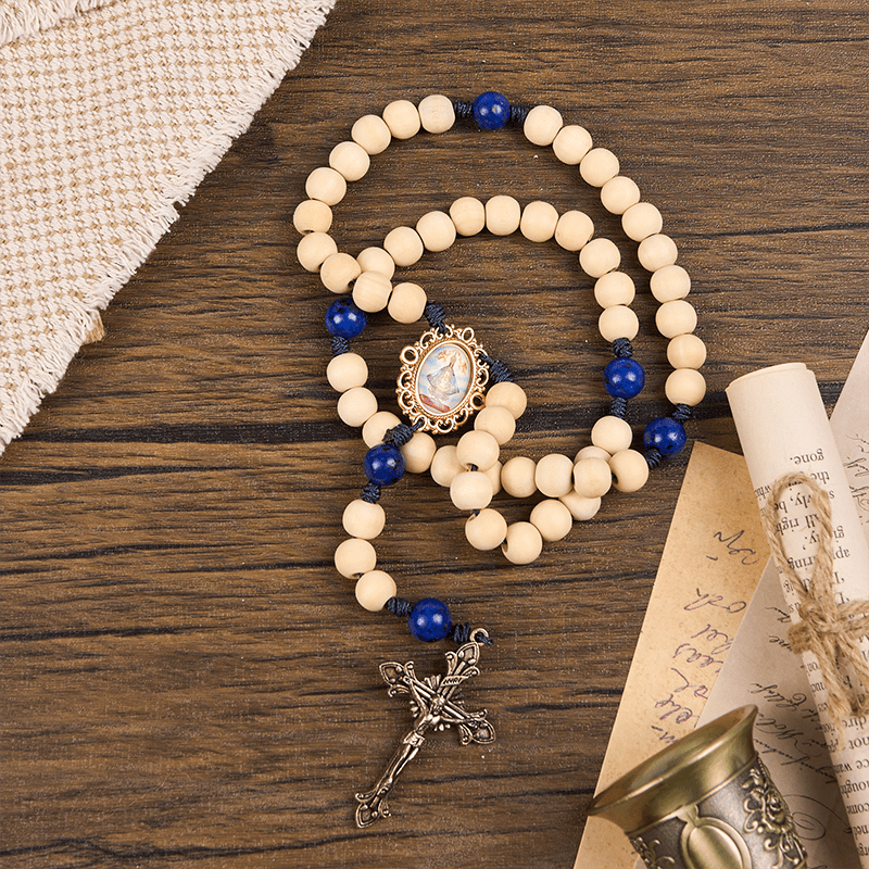 Christiandiscipleshop Our Lady & Crucifix of 10mm Handmade Wooden Beads Lapis Lazuli Our Father Beads Rosary