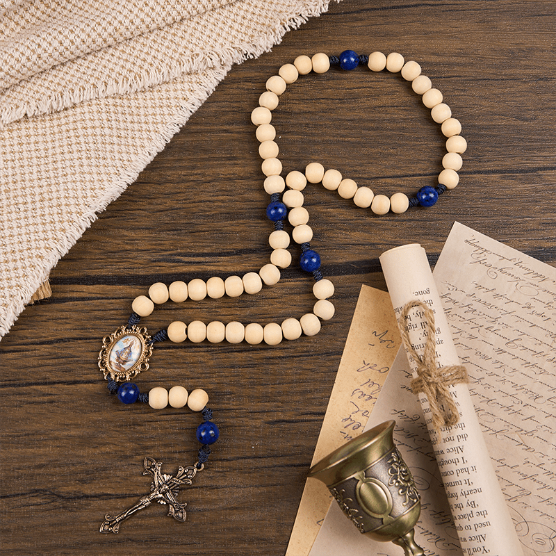Christiandiscipleshop Our Lady & Crucifix of 10mm Handmade Wooden Beads Lapis Lazuli Our Father Beads Rosary