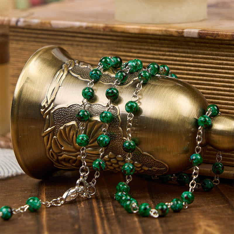 Christiandiscipleshop Our Lady & Crucifix of 6mm Green Pattern Glass Beads Prayer Rosary
