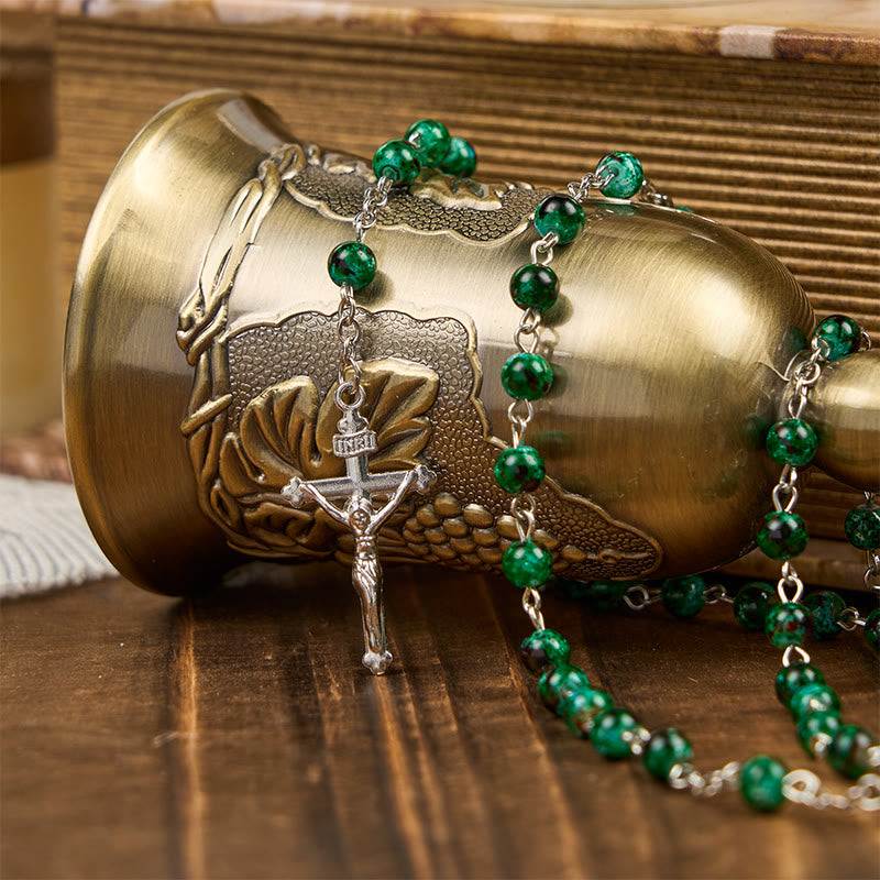 Christiandiscipleshop Our Lady & Crucifix of 6mm Green Pattern Glass Beads Prayer Rosary