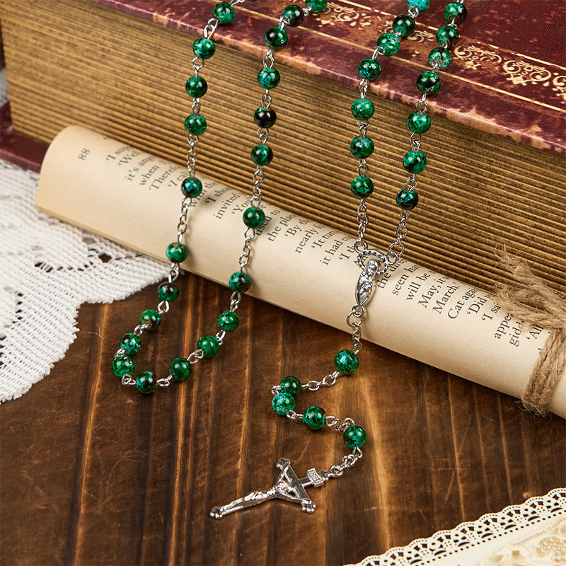 Christiandiscipleshop Our Lady & Crucifix of 6mm Green Pattern Glass Beads Prayer Rosary