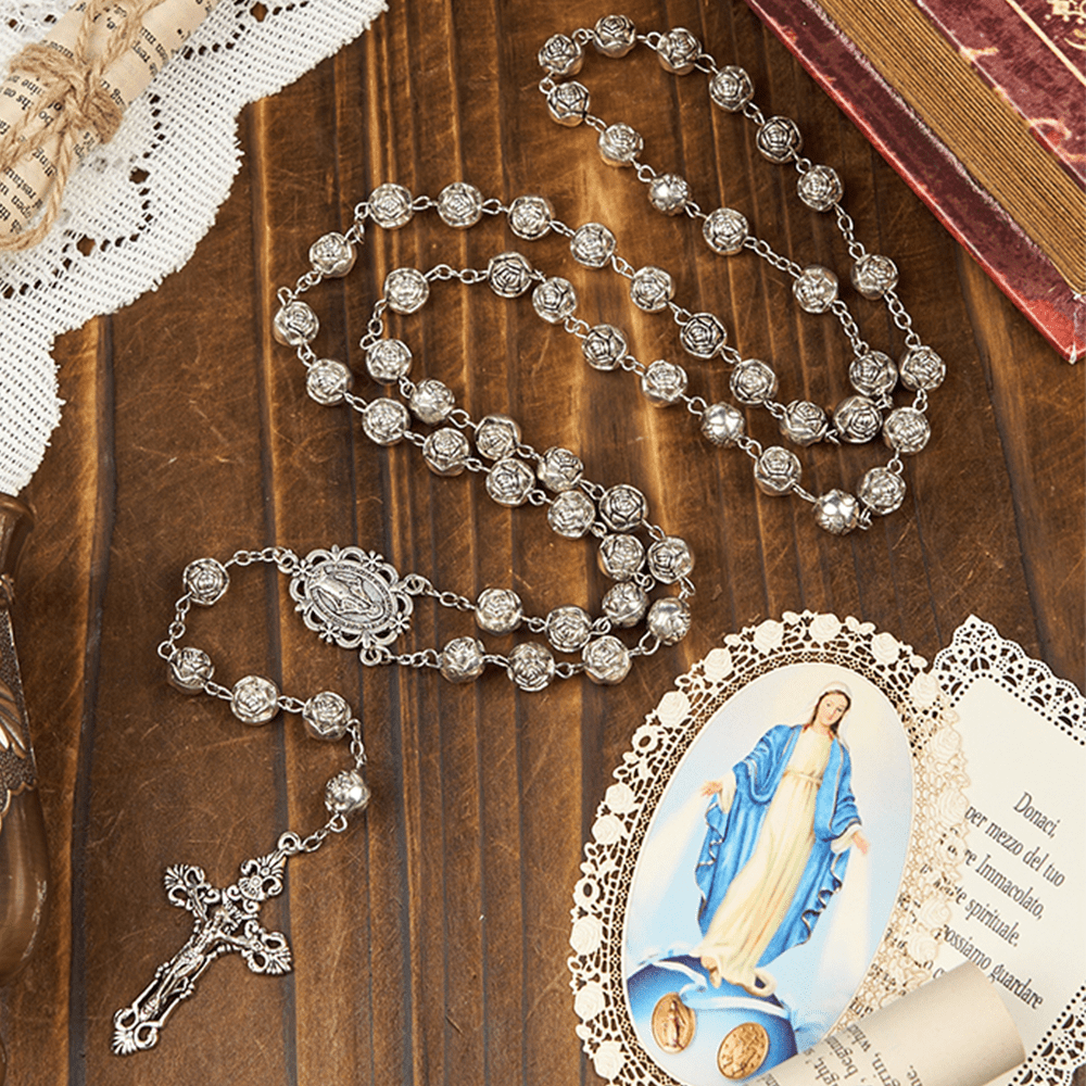 christiandiscipleshop Miraculous Medal & Crucifix of 10mm Rose Prayer Beads Rosary