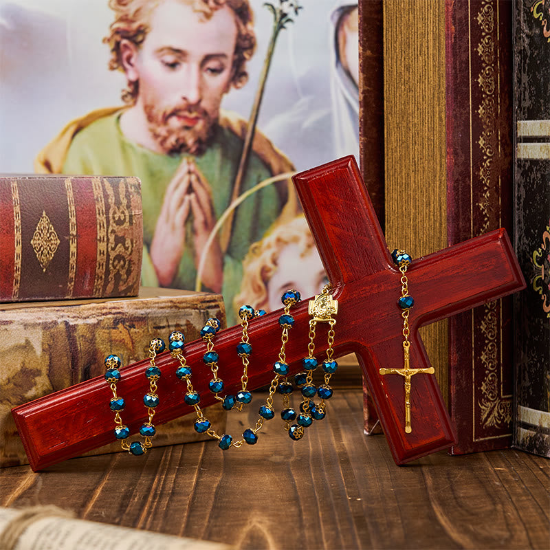 christiandiscipleshop Jesus Icon & Crucifix of 8mm Royal Blue Crystal Beads Prayer Rosary