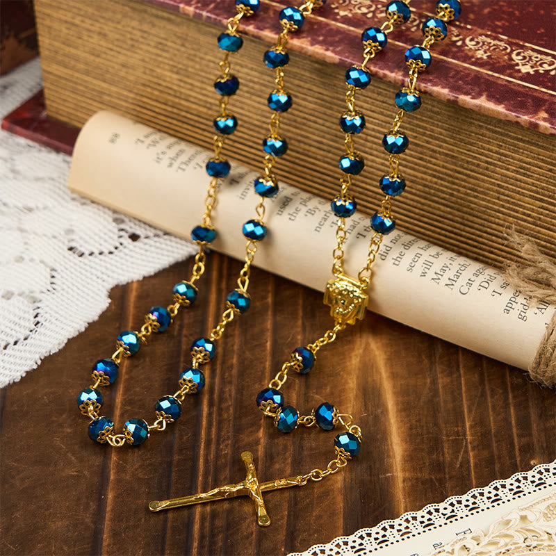 christiandiscipleshop Jesus Icon & Crucifix of 8mm Royal Blue Crystal Beads Prayer Rosary