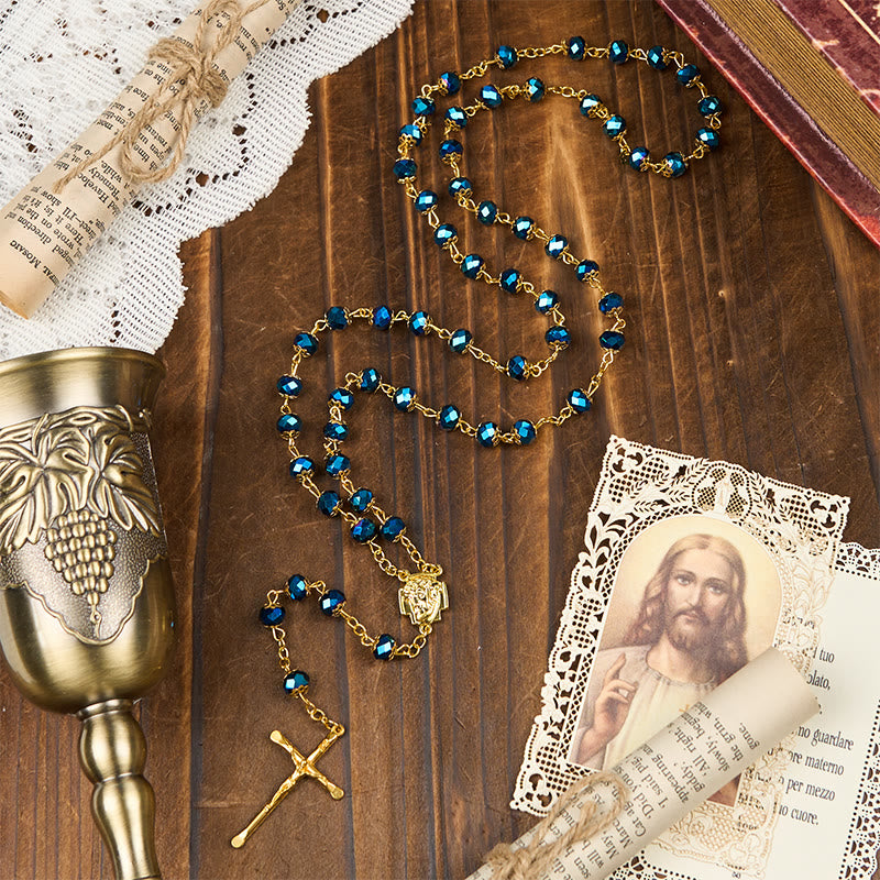 christiandiscipleshop Jesus Icon & Crucifix of 8mm Royal Blue Crystal Beads Prayer Rosary
