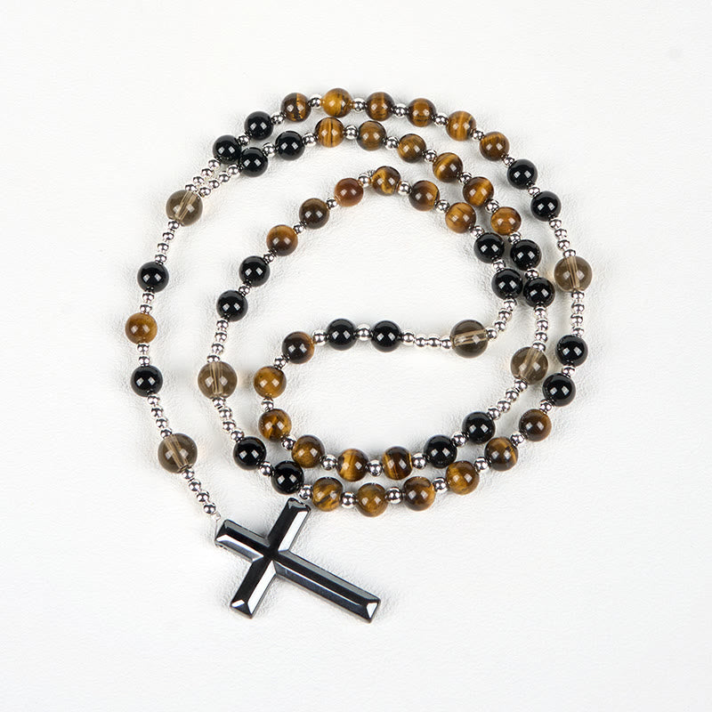 Christiandiscipleshop Natural Obsidian Tiger's Eye Rosary Necklace - Hematite Stone Cross Protection Rosary
