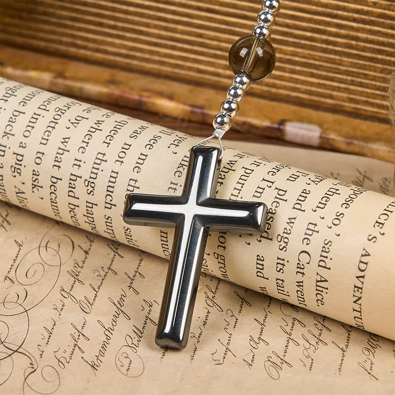 FREE Today: Natural Obsidian Tiger's Eye Rosary Necklace - Hematite Stone Cross Protection Rosary