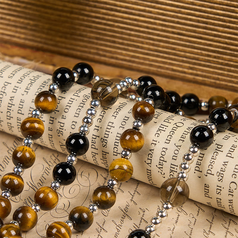 Christiandiscipleshop Natural Obsidian Tiger's Eye Rosary Necklace - Hematite Stone Cross Protection Rosary