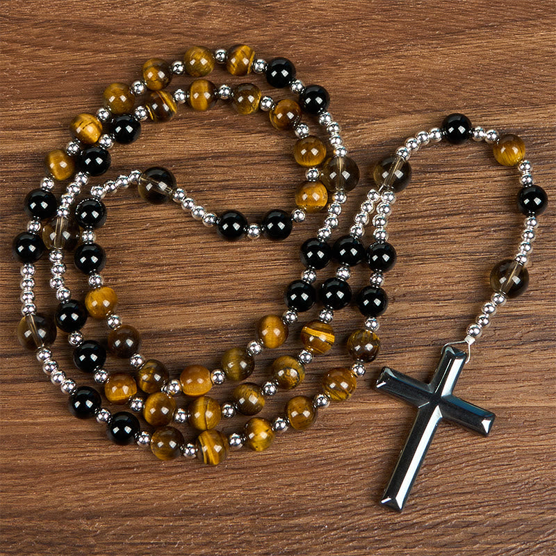Christiandiscipleshop Natural Obsidian Tiger's Eye Rosary Necklace - Hematite Stone Cross Protection Rosary