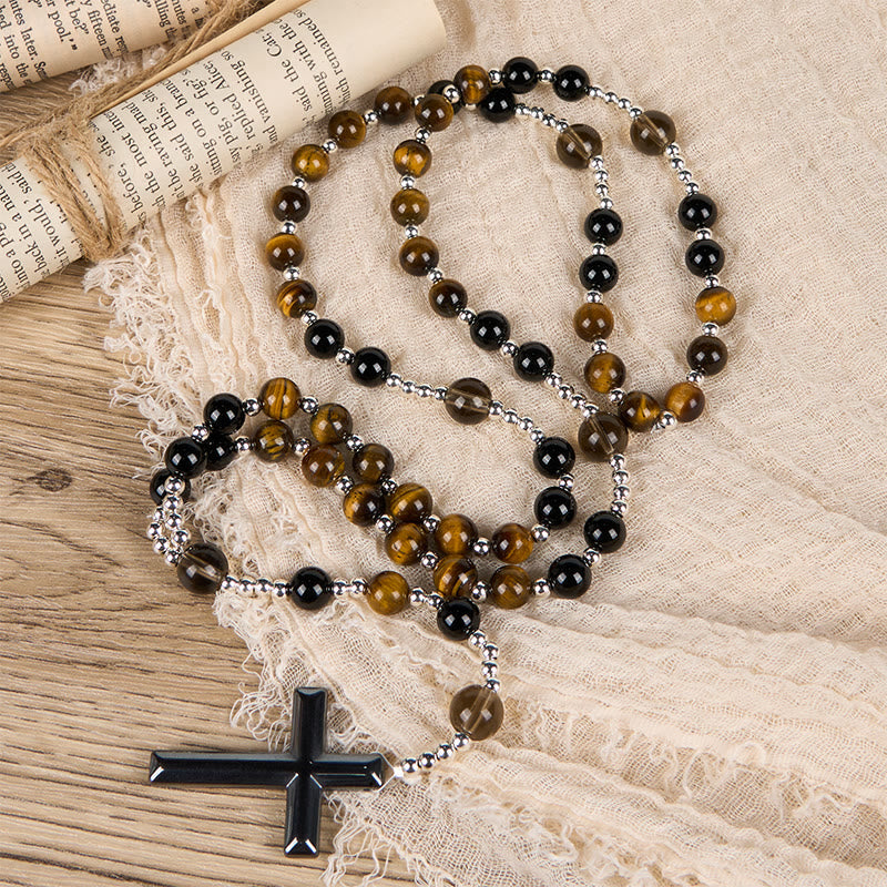 Christiandiscipleshop Natural Obsidian Tiger's Eye Rosary Necklace - Hematite Stone Cross Protection Rosary