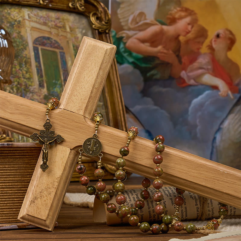 Christiandiscipleshop St. Benedict & Crucifix of 8mm Handmade Chrysocolla Stone Rosary - Exclusive Crafted for Holy Prayer