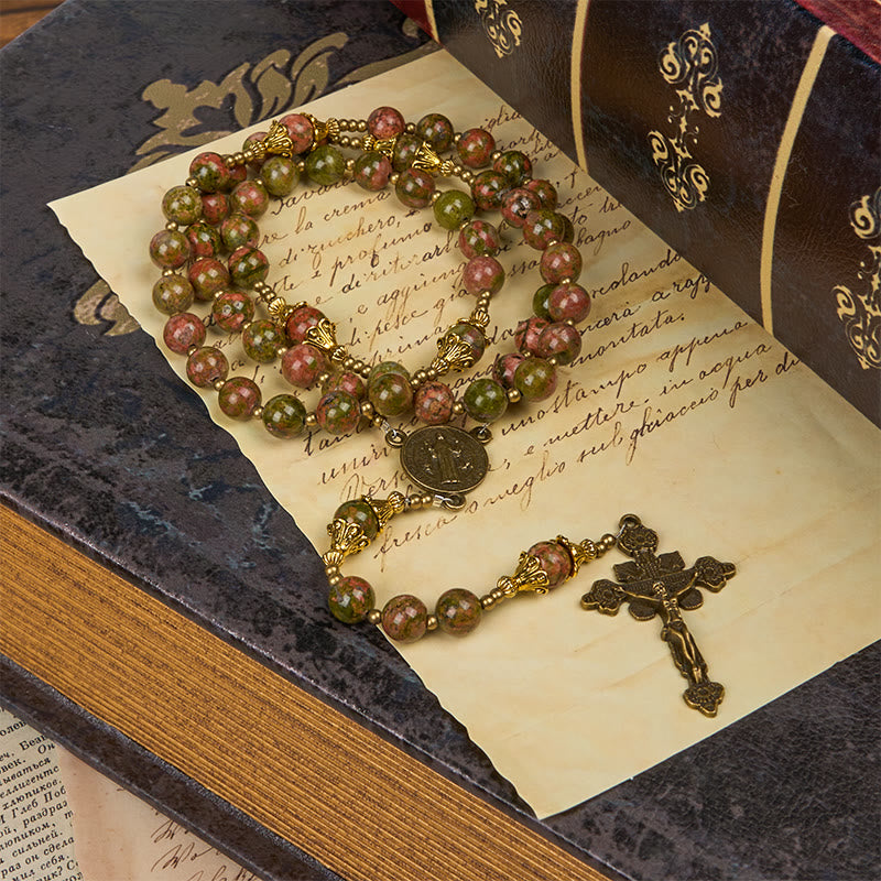 Christiandiscipleshop St. Benedict & Crucifix of 8mm Handmade Chrysocolla Stone Rosary - Exclusive Crafted for Holy Prayer