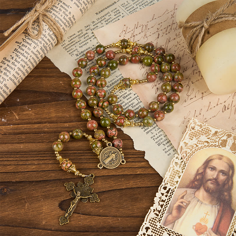 Christiandiscipleshop St. Benedict & Crucifix of 8mm Handmade Chrysocolla Stone Rosary - Exclusive Crafted for Holy Prayer