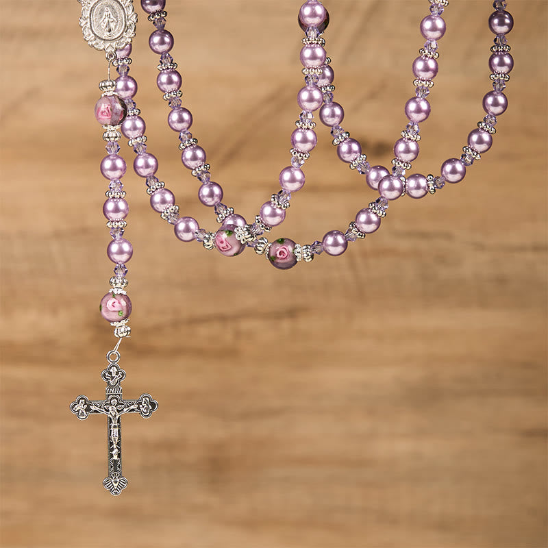 christiandiscipleshop Miraculous Medal & Crucifix 8mm Purple Pearl & Crystal Handmade Rosary - Sacred Beads for Holy Prayer
