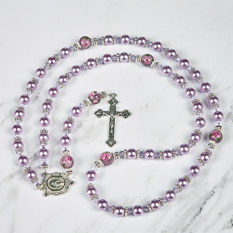 christiandiscipleshop Miraculous Medal & Crucifix 8mm Purple Pearl & Crystal Handmade Rosary - Sacred Beads for Holy Prayer