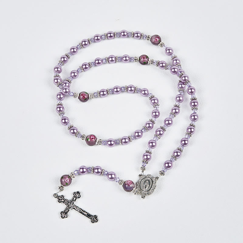 christiandiscipleshop Miraculous Medal & Crucifix 8mm Purple Pearl & Crystal Handmade Rosary - Sacred Beads for Holy Prayer