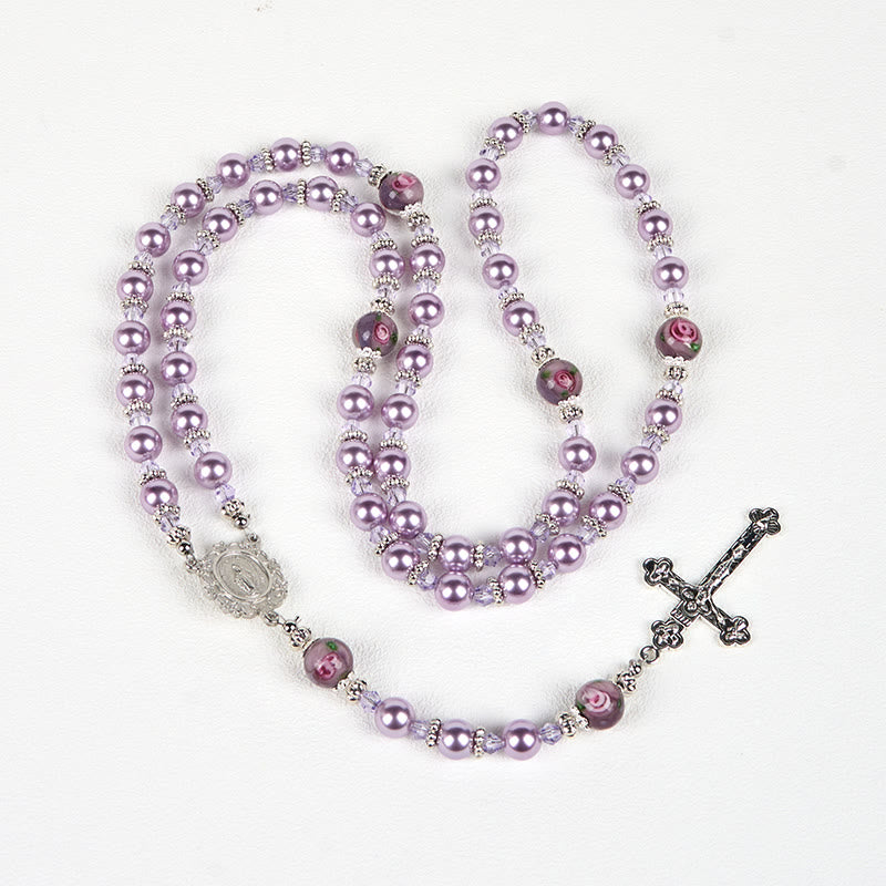 christiandiscipleshop Miraculous Medal & Crucifix 8mm Purple Pearl & Crystal Handmade Rosary - Sacred Beads for Holy Prayer