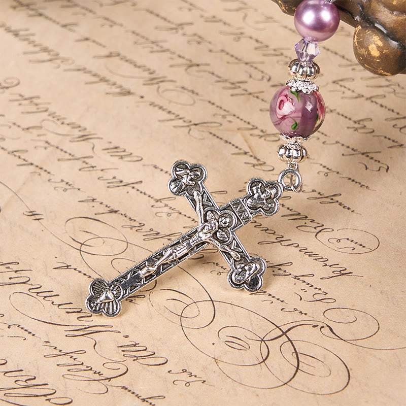 christiandiscipleshop Miraculous Medal & Crucifix 8mm Purple Pearl & Crystal Handmade Rosary - Sacred Beads for Holy Prayer