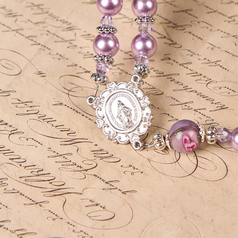christiandiscipleshop Miraculous Medal & Crucifix 8mm Purple Pearl & Crystal Handmade Rosary - Sacred Beads for Holy Prayer