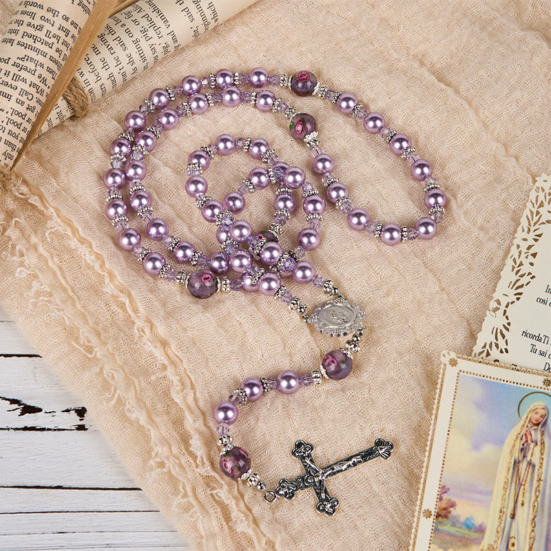 christiandiscipleshop Miraculous Medal & Crucifix 8mm Purple Pearl & Crystal Handmade Rosary - Sacred Beads for Holy Prayer