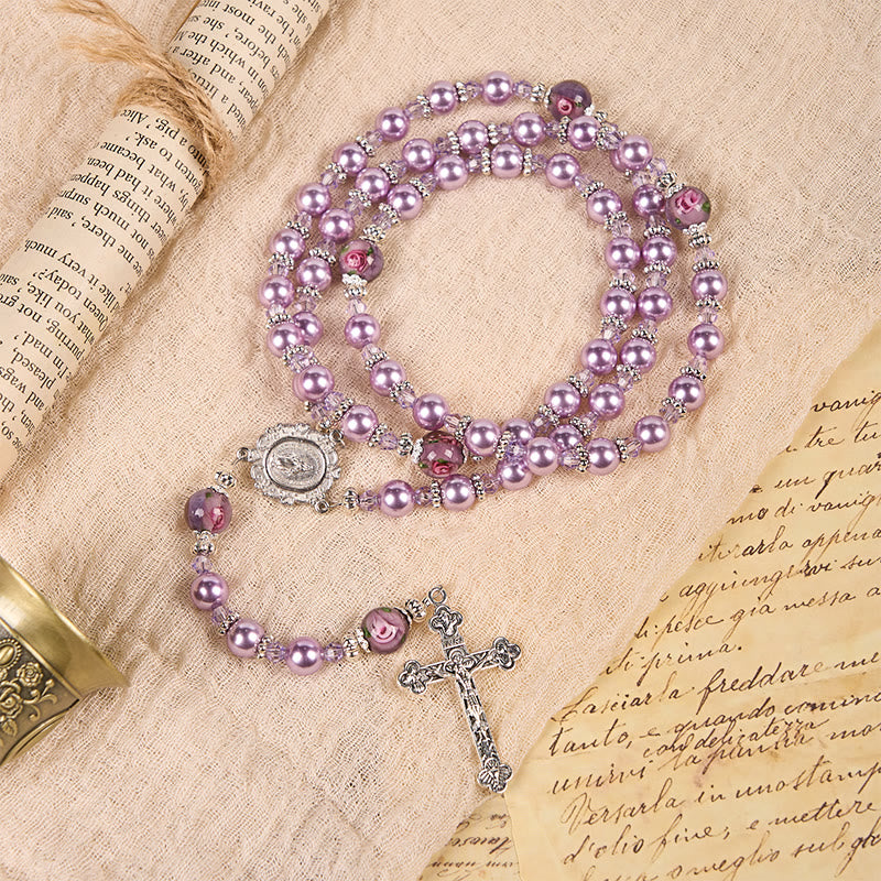 christiandiscipleshop Miraculous Medal & Crucifix 8mm Purple Pearl & Crystal Handmade Rosary - Sacred Beads for Holy Prayer