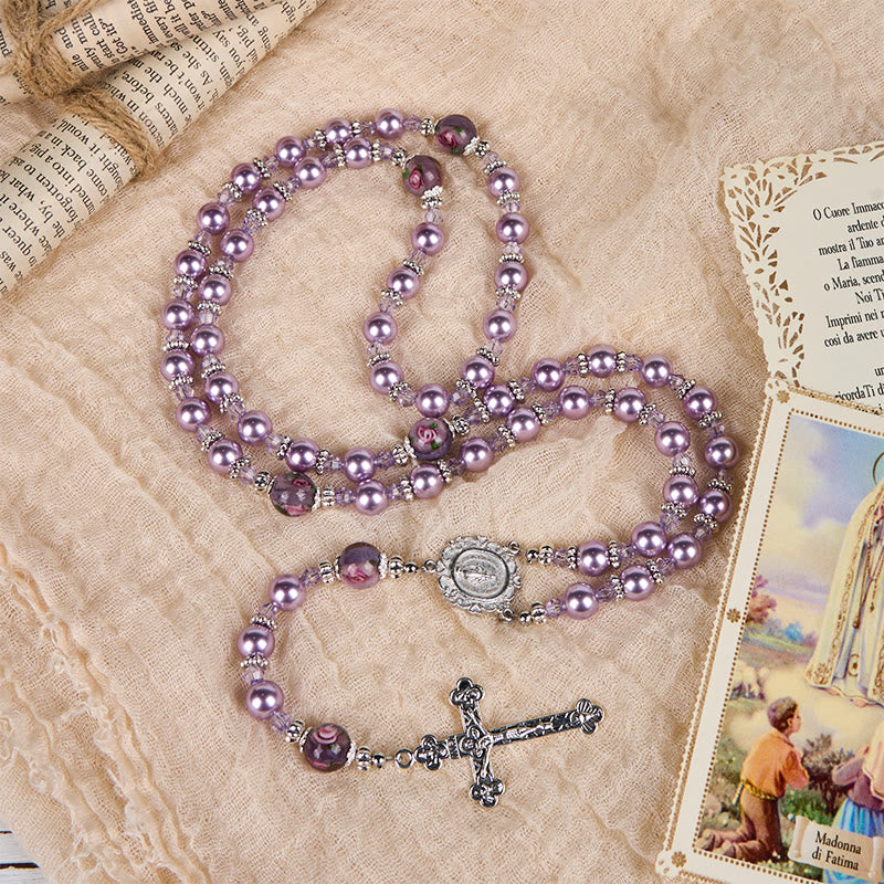 christiandiscipleshop Miraculous Medal & Crucifix 8mm Purple Pearl & Crystal Handmade Rosary - Sacred Beads for Holy Prayer