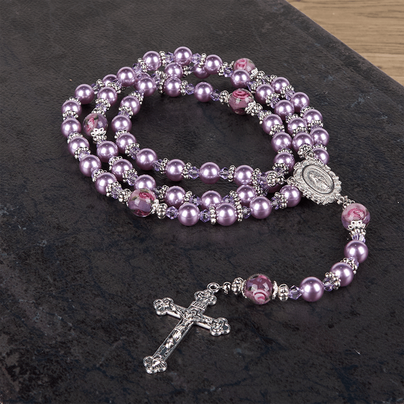 christiandiscipleshop Miraculous Medal & Crucifix 8mm Purple Pearl & Crystal Handmade Rosary - Sacred Beads for Holy Prayer