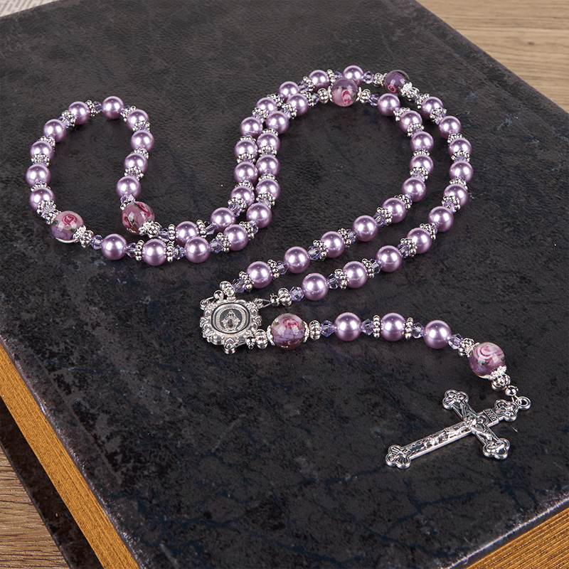 christiandiscipleshop Miraculous Medal & Crucifix 8mm Purple Pearl & Crystal Handmade Rosary - Sacred Beads for Holy Prayer