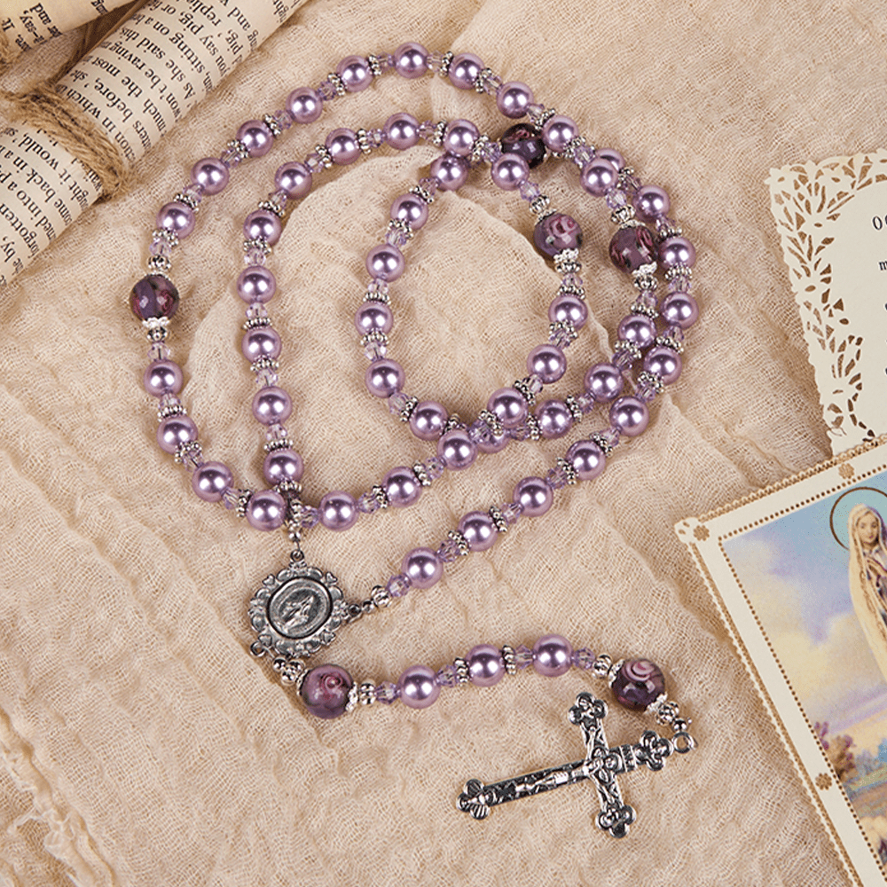 christiandiscipleshop Miraculous Medal & Crucifix 8mm Purple Pearl & Crystal Handmade Rosary - Sacred Beads for Holy Prayer