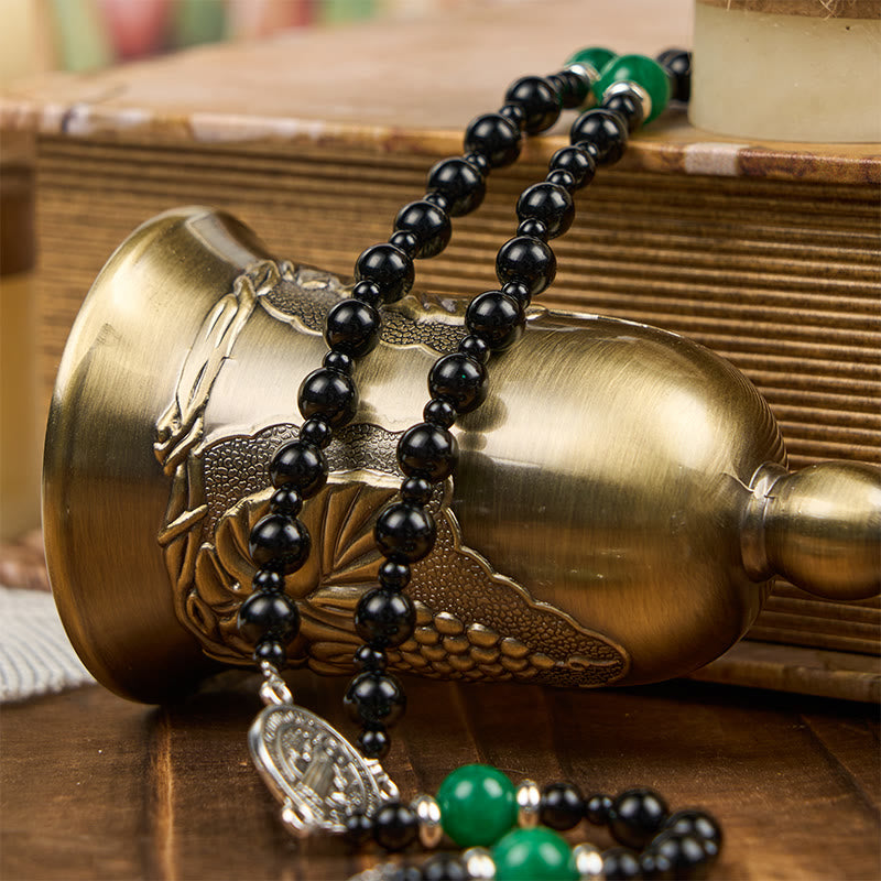 Christiandiscipleshop St. Benedict & Crucifix of 8mm Obsidian & Jade Handmade Bead Rosary - Faith and Sacred Connection