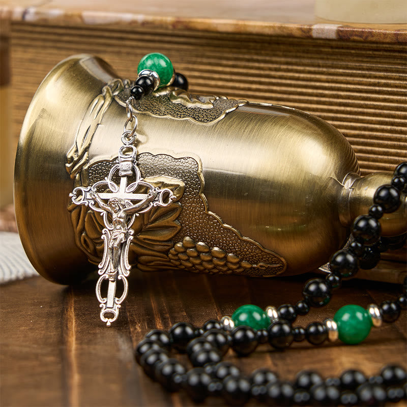 Christiandiscipleshop St. Benedict & Crucifix of 8mm Obsidian & Jade Handmade Bead Rosary - Faith and Sacred Connection
