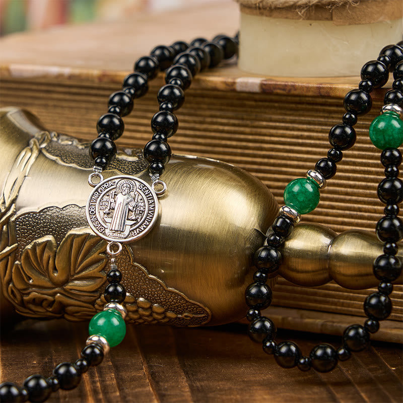 Christiandiscipleshop St. Benedict & Crucifix of 8mm Obsidian & Jade Handmade Bead Rosary - Faith and Sacred Connection