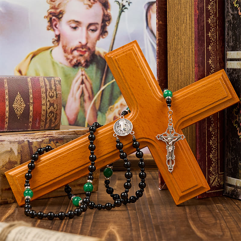 Christiandiscipleshop St. Benedict & Crucifix of 8mm Obsidian & Jade Handmade Bead Rosary - Faith and Sacred Connection