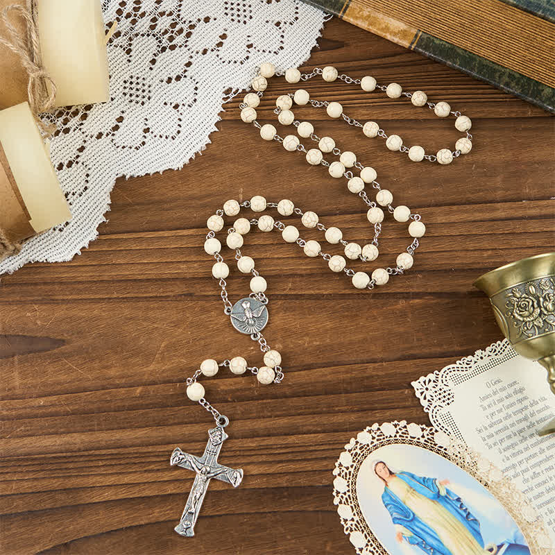 christiandiscipleshop Miraculous Medal & Crucifix of 8mm White Pine Prayer Beads Rosary