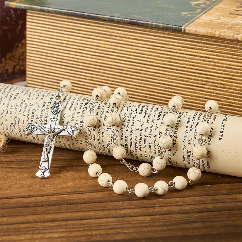 christiandiscipleshop Miraculous Medal & Crucifix of 8mm White Pine Prayer Beads Rosary