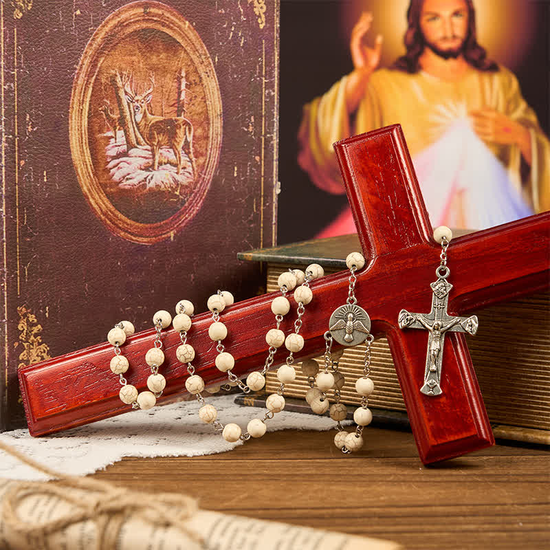 christiandiscipleshop Miraculous Medal & Crucifix of 8mm White Pine Prayer Beads Rosary
