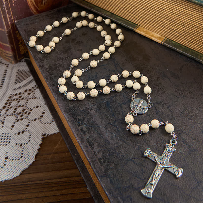 christiandiscipleshop Miraculous Medal & Crucifix of 8mm White Pine Prayer Beads Rosary
