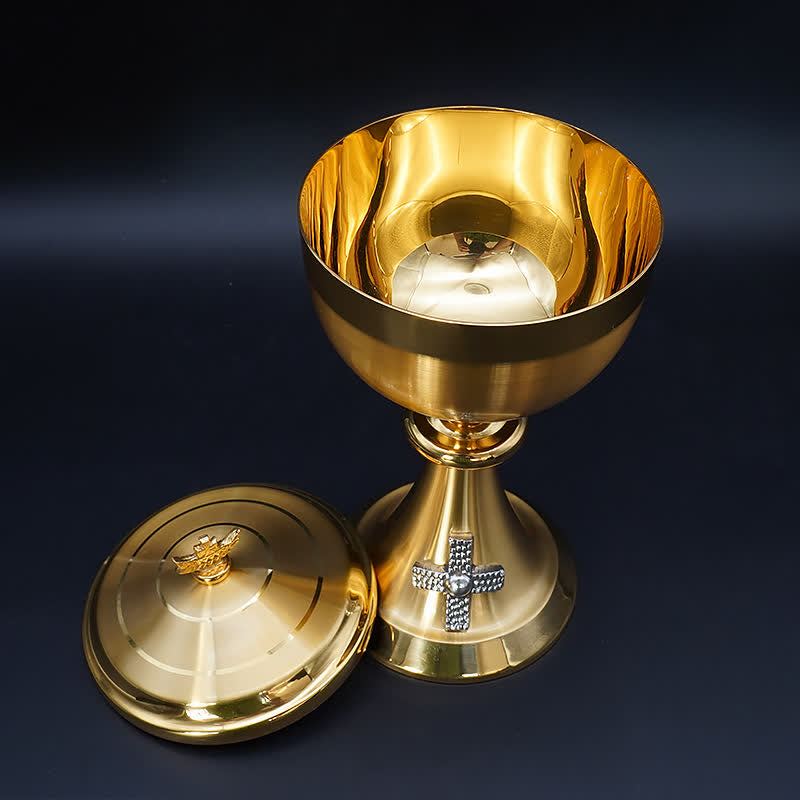 Christiandiscipleshop Exquisite Gold-Tone Cross-Adorned Chalice and Pyx - Divine Vessels for Sacred Communion