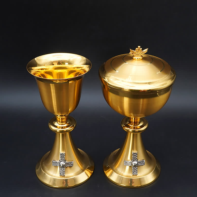Christiandiscipleshop Exquisite Gold-Tone Cross-Adorned Chalice and Pyx - Divine Vessels for Sacred Communion