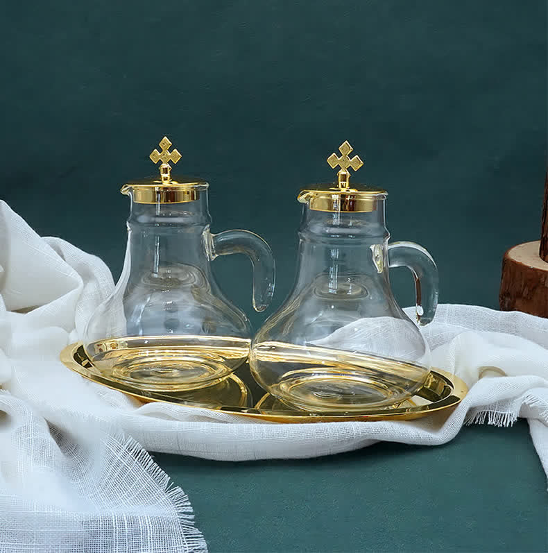 Christiandiscipleshop Elegant Brass-Trimmed Glass Cruet Set with Cross Motif - Traditional Worship Accessories