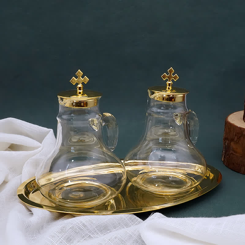 Christiandiscipleshop Elegant Brass-Trimmed Glass Cruet Set with Cross Motif - Traditional Worship Accessories
